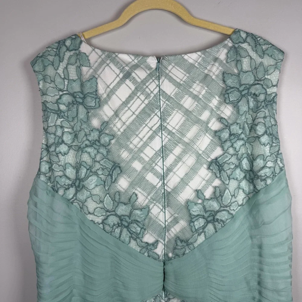 Tadashi Shoji EMBROIDERED TULLE PLEATED Lace Sheath Green Mint DRESS 18Q Easter